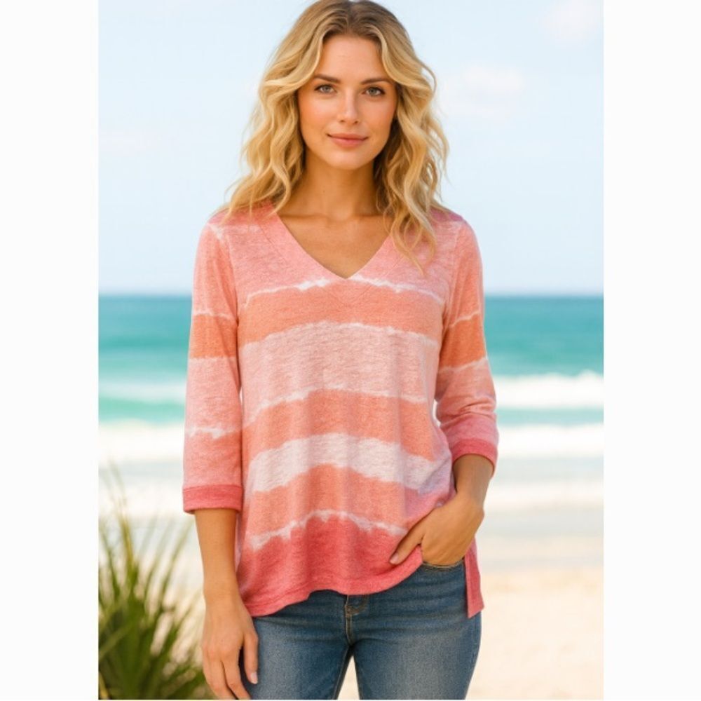 Chicos Linen Tie-Dye Striped Tunic Calypso Coral 3/4 Sleeve Knit